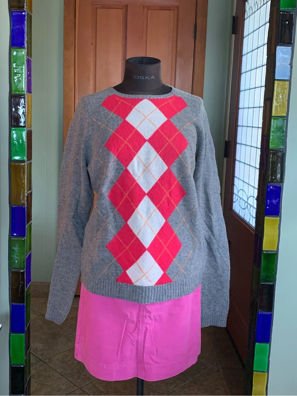J CREW 100% LAMBS WOOL ARGYLE PULLOVER SWEATER NWT XL Women's Gray  Pink Diamond